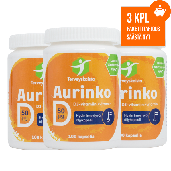 Aurinko D-vitamiini 50 µg (100 kaps.) 3 kpl PAKETTITARJOUS!