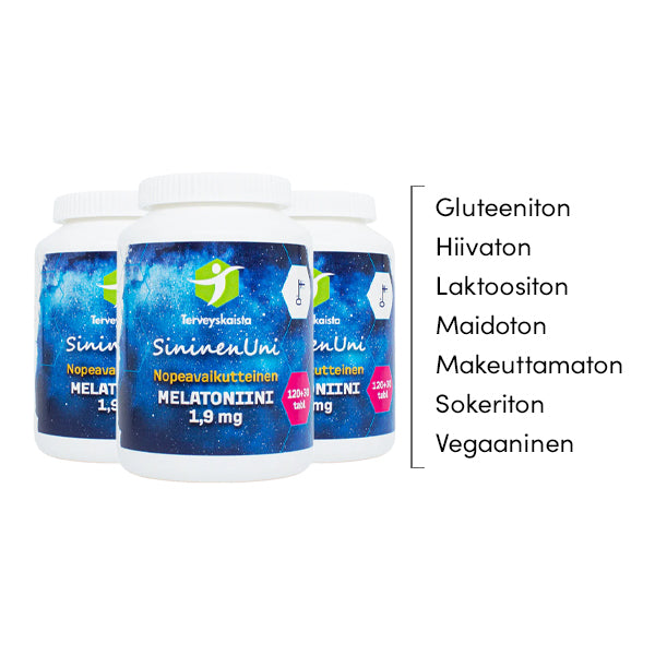 SininenUni melatoniini 1,9 mg, nopeavaikutteinen 3 kpl PAKETTITARJOUS!