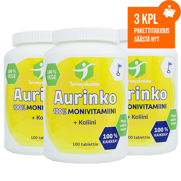 Aurinko100% Monivitamiini + koliini 100 tabl 3 kpl PAKETTITARJOUS!